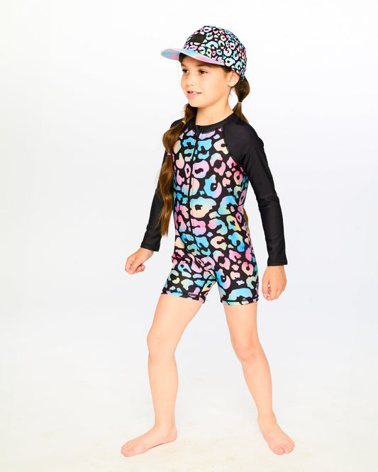 One-Piece Long Sleeve Rashguard Black Leopard Print-1