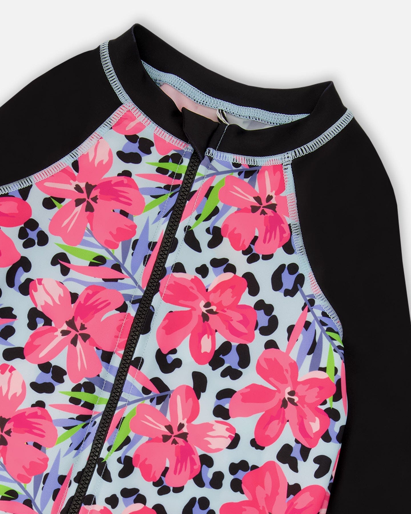 One-Piece Long Sleeve Rashguard Blue Floral And Leopard Print-2