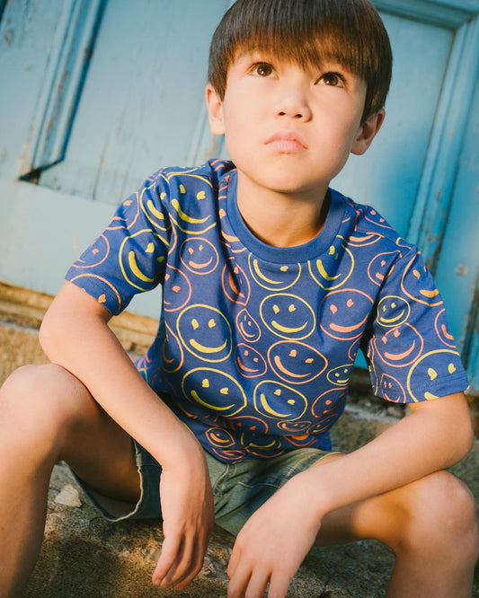 Organic Cotton Jersey T-Shirt Blue Smiley Print-1