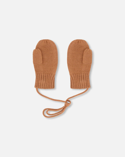 Baby Knit Mittens With Cord Brown-1