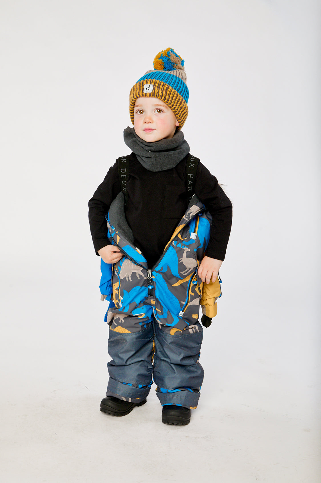 Kids One Piece Play Snowsuit Grey And Blue Dinosaur Print-4