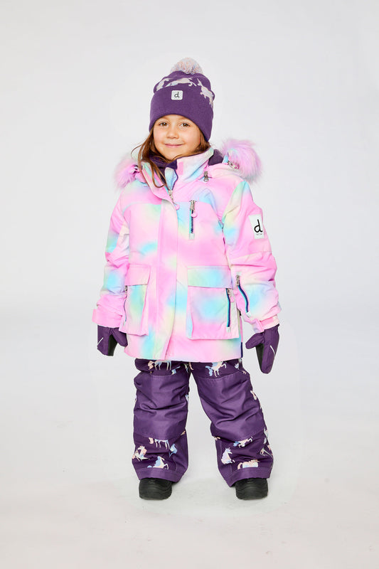 Two Piece Play Snowsuit Multicolored With Purple Unicorn Print Pants-1