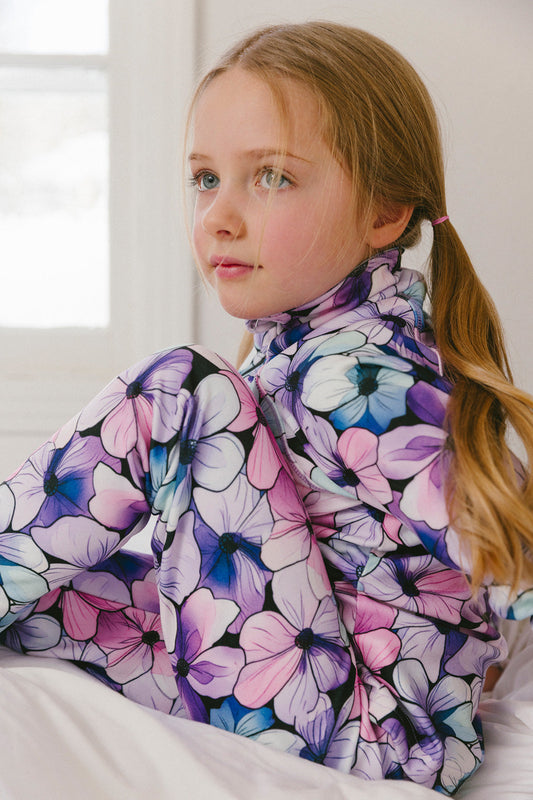 Two Piece Thermal Underwear Purple Floral Print-1