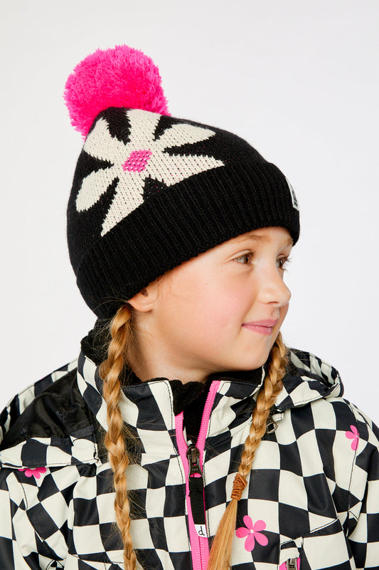 Winter Knit Hat With Pompom Black, White And Pink-1