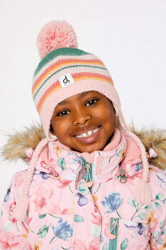 Winter Peruvian Knit Hat With Pompom Pink And Green Jacquard-1