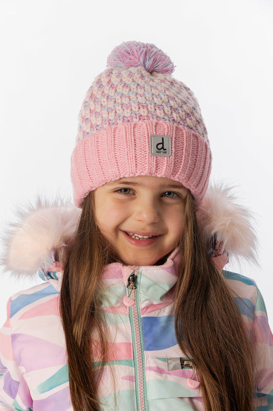 Winter Knit Hat With Pompom Dusty Pink And Light Blue-1