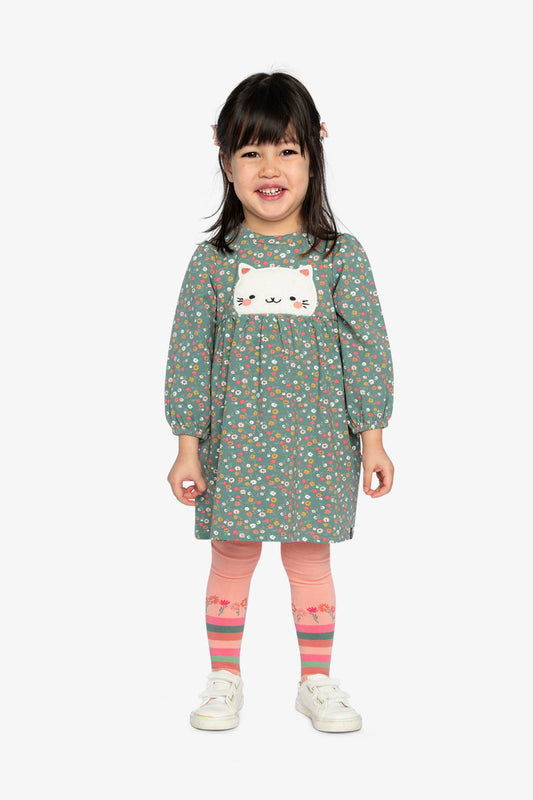 Organic Cotton Printed Dress Green Floral Print-1