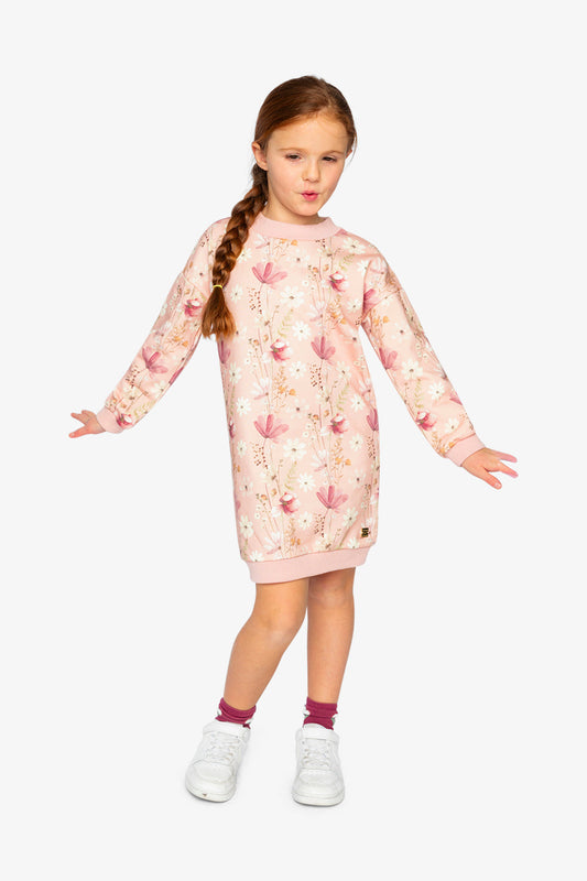 French Terry Dress Pink Printed Flowers-1