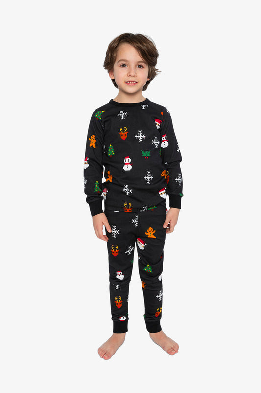 Organic Cotton Two Piece Pajama Set Black Christmas Pixel Print-1