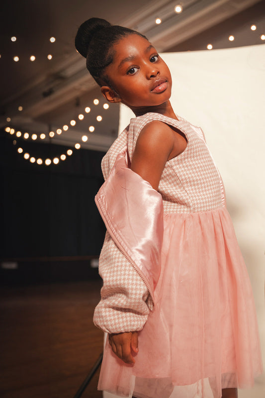 Bi-Material Sleeveless Dress Pink Houndstooth-1
