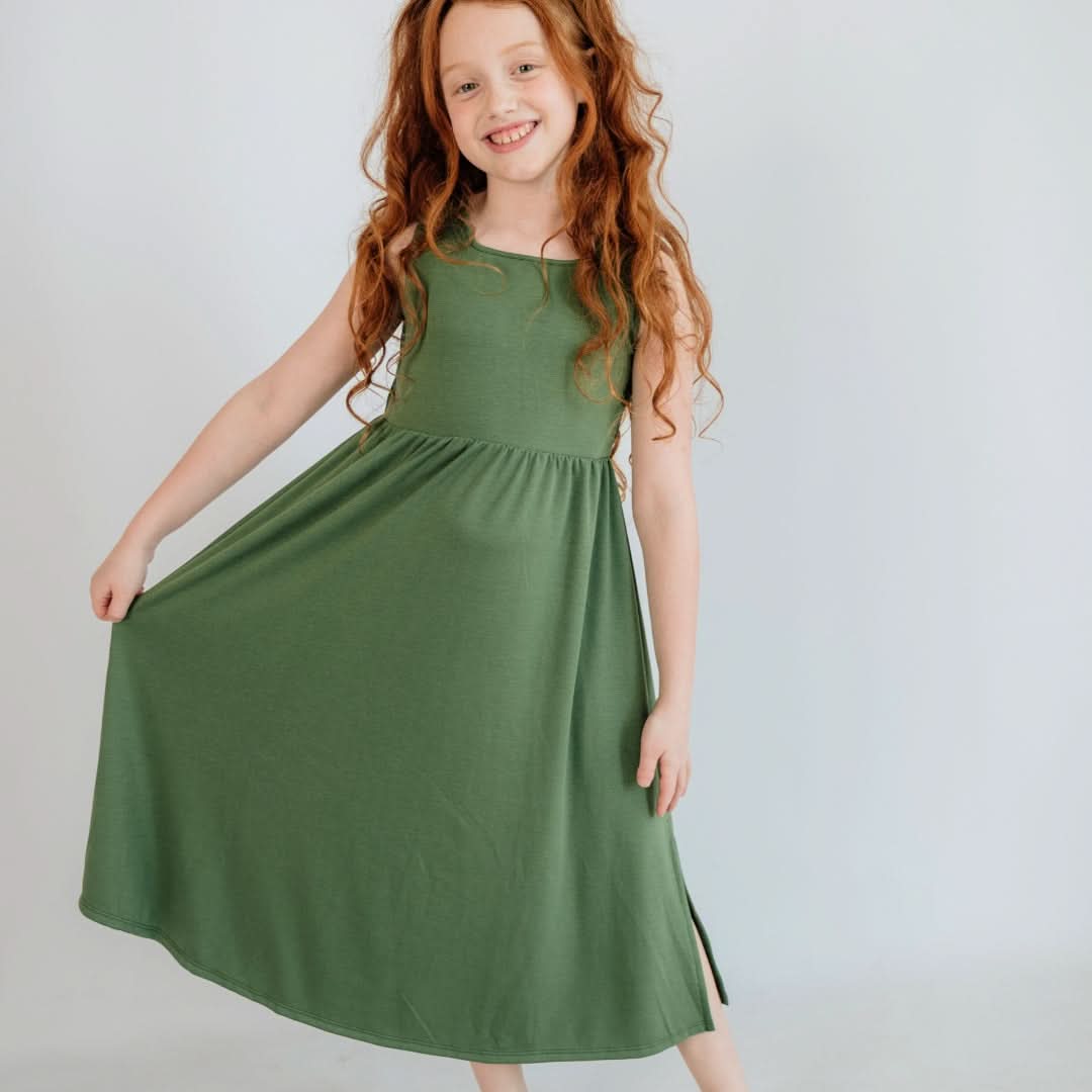 Kids' Bamboo Square Neck Midi Dress | Palm Leaf-2