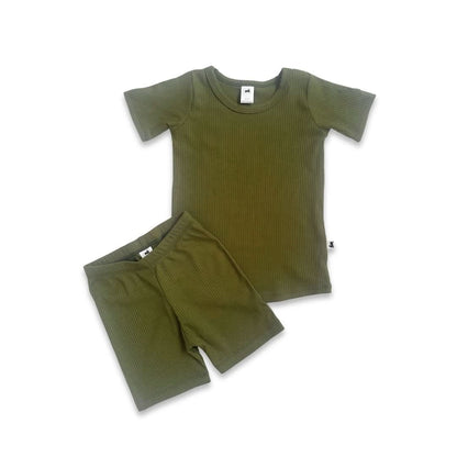 Kids' 2-Piece Bamboo Short Sleeve Lounge Set | Olive Rib-0