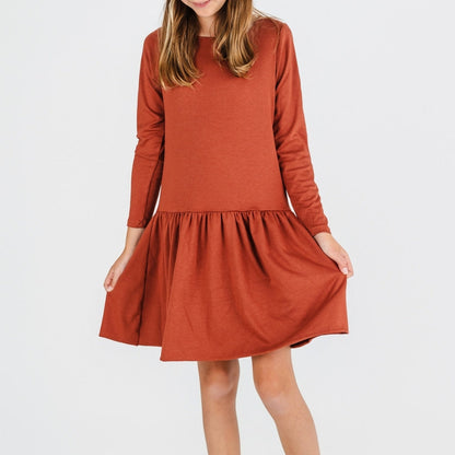 Youth Bamboo Long Sleeve Drop Waist Dress | Burnt Brick-2
