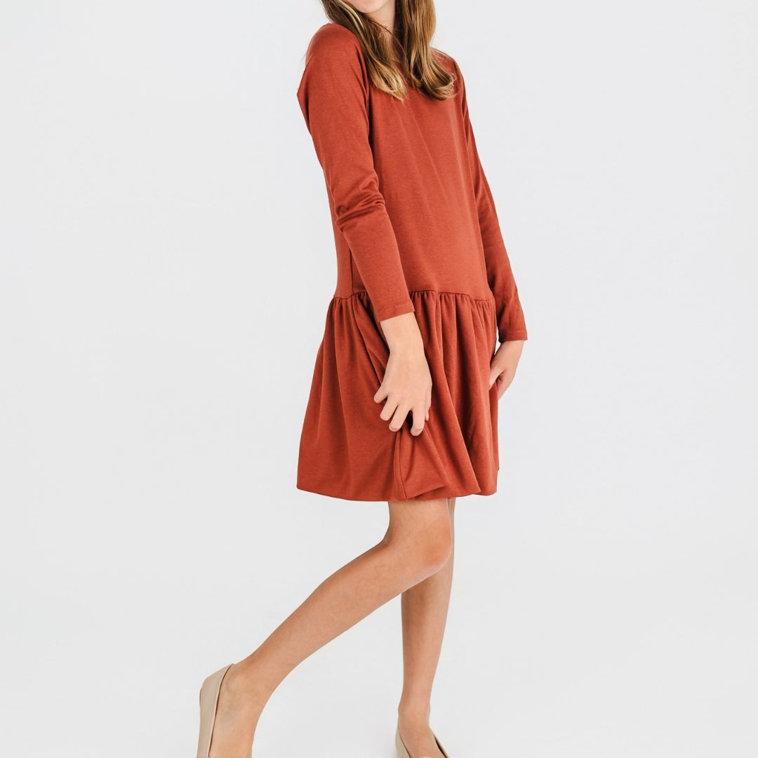 Youth Bamboo Long Sleeve Drop Waist Dress | Burnt Brick-1