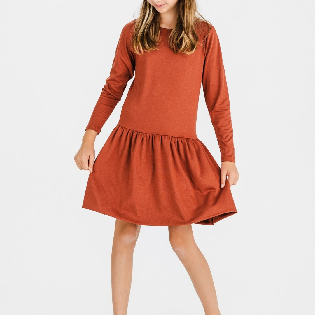 Youth Bamboo Long Sleeve Drop Waist Dress | Burnt Brick-0