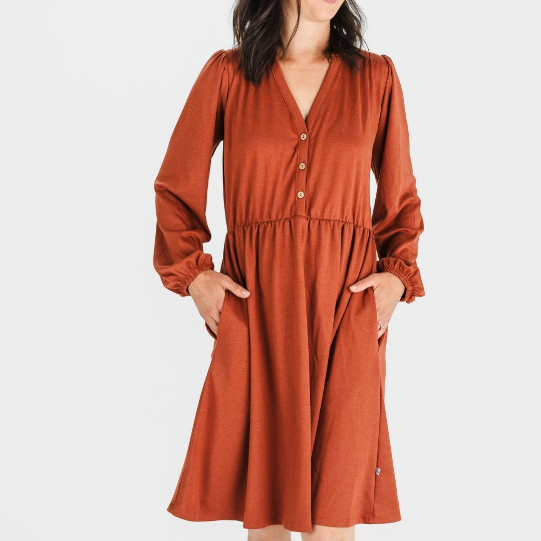 Ladies' Bamboo Puffed Sleeve Dress | Burnt Brick-0