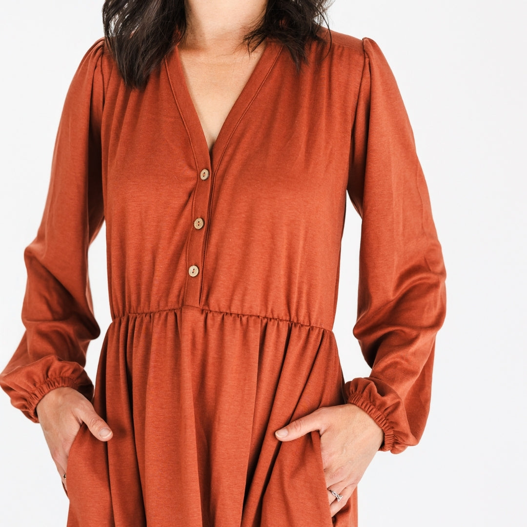 Ladies' Bamboo Puffed Sleeve Dress | Burnt Brick-1