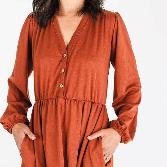 Ladies' Bamboo Puffed Sleeve Dress | Burnt Brick-1