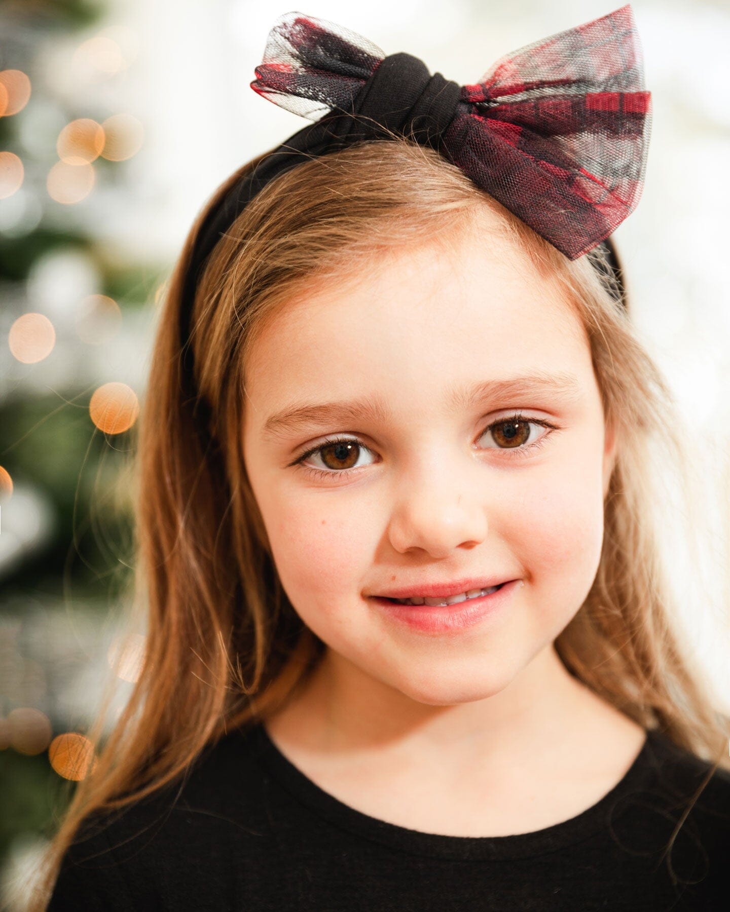 Headband With Tulle Bow Black Buffalo Plaid-1
