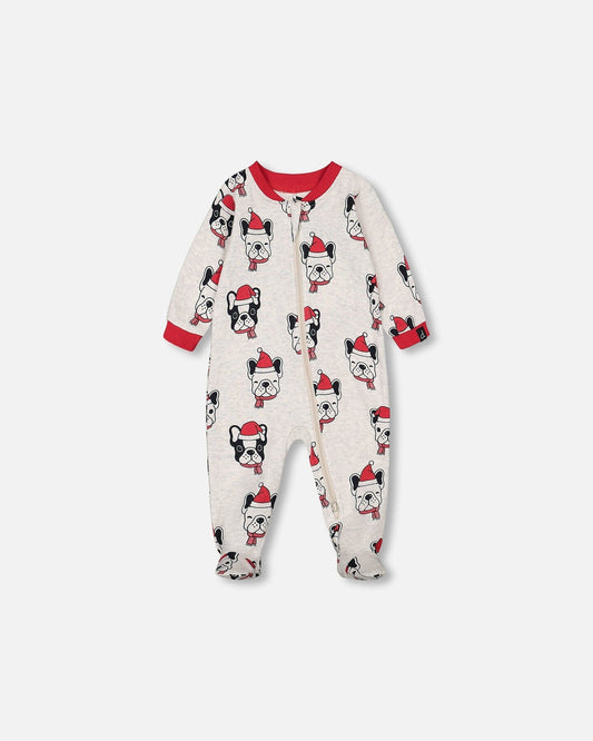 Organic Cotton One Piece Pajama Oatmeal Mix Christmas Dogs Print-0