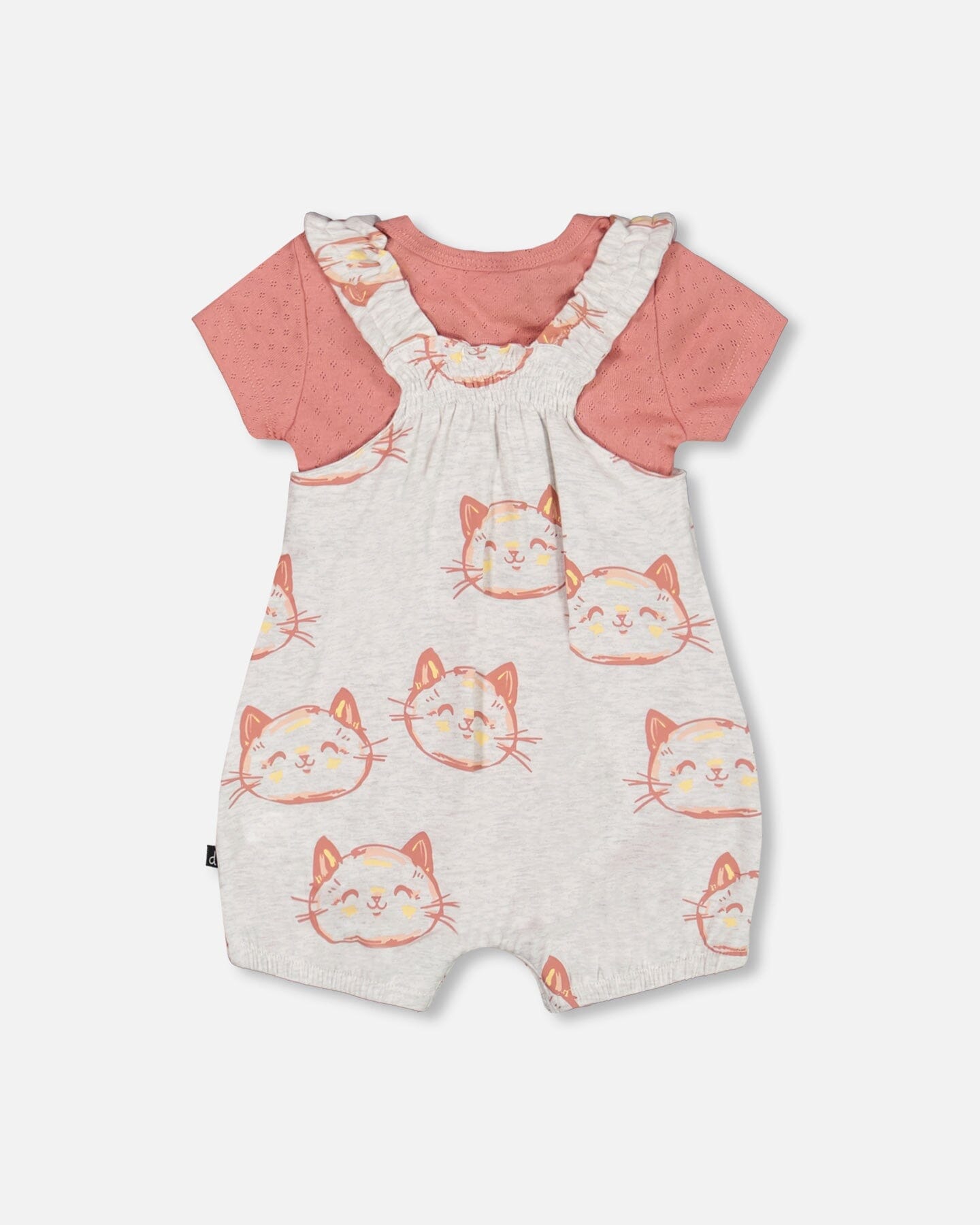 Organic Cotton Pointelle Knit Onesie And Shortall Set Heather Beige With Printed Cat-2
