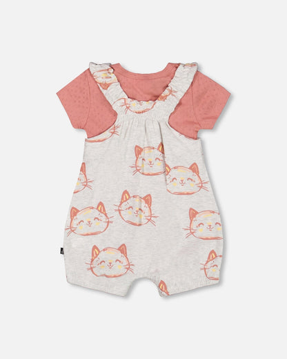 Organic Cotton Pointelle Knit Onesie And Shortall Set Heather Beige With Printed Cat-2