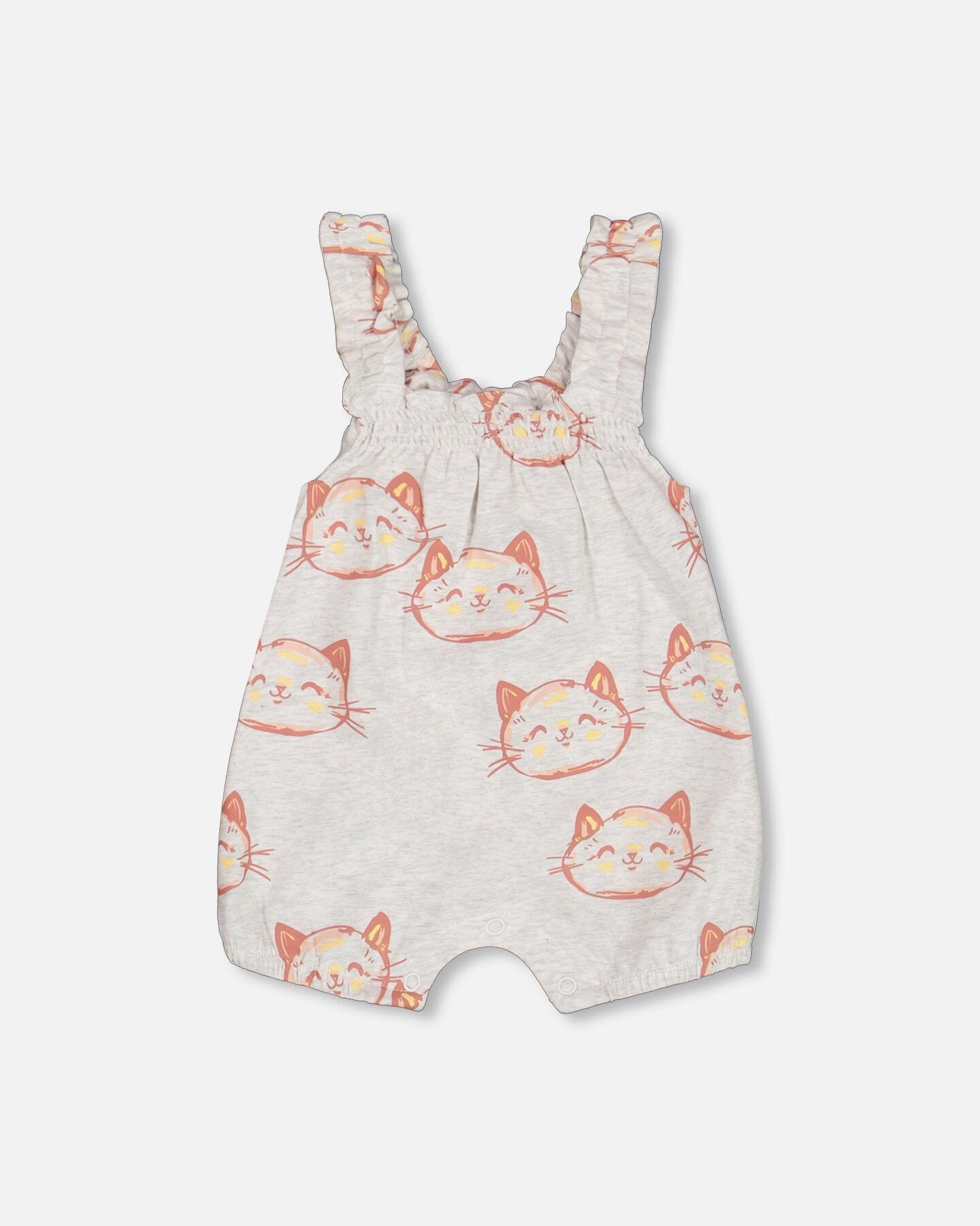 Organic Cotton Pointelle Knit Onesie And Shortall Set Heather Beige With Printed Cat-4