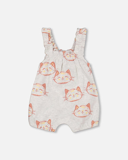 Organic Cotton Pointelle Knit Onesie And Shortall Set Heather Beige With Printed Cat-4