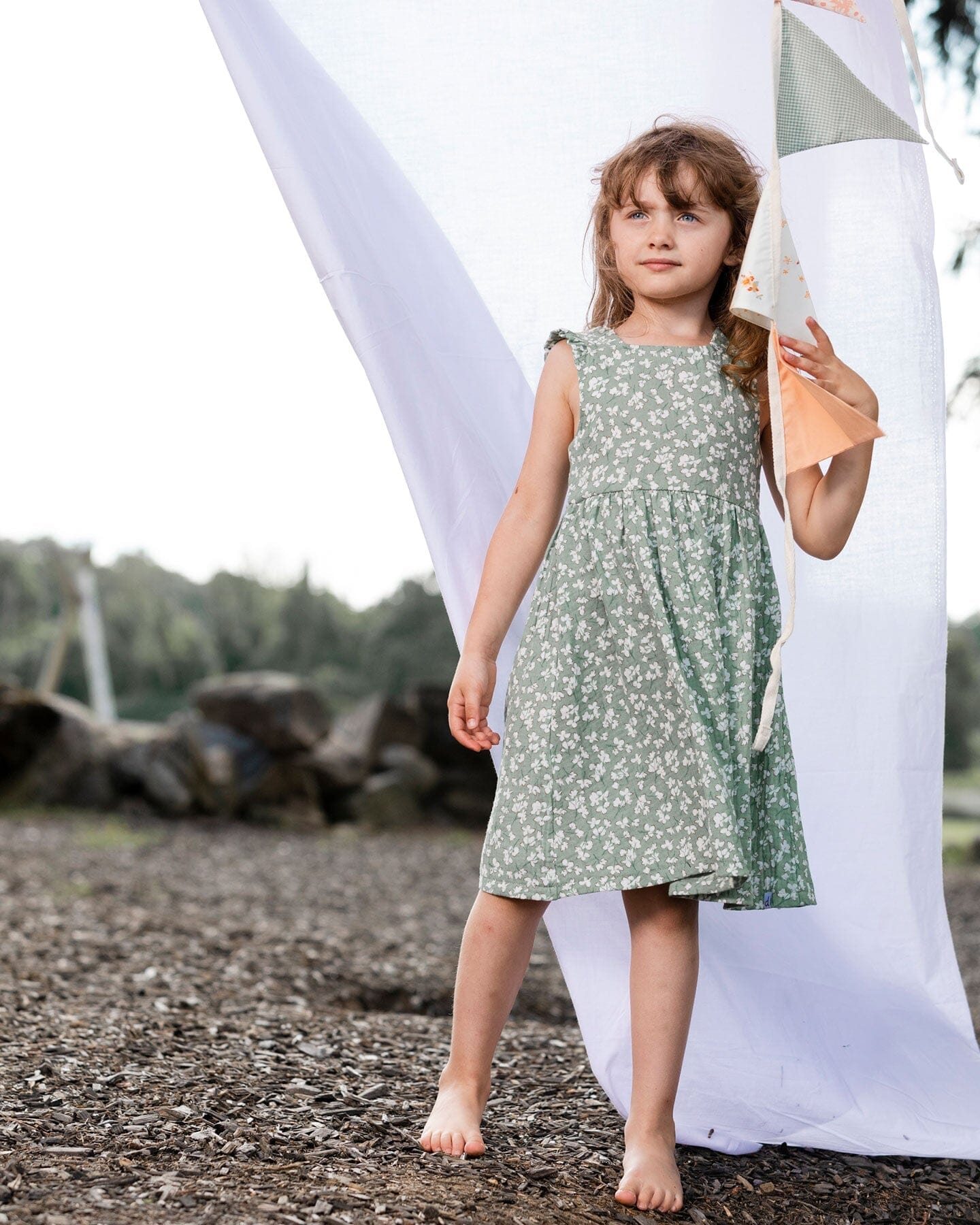 Sleeveless Muslin Dress Green Jasmine Flower Print-1