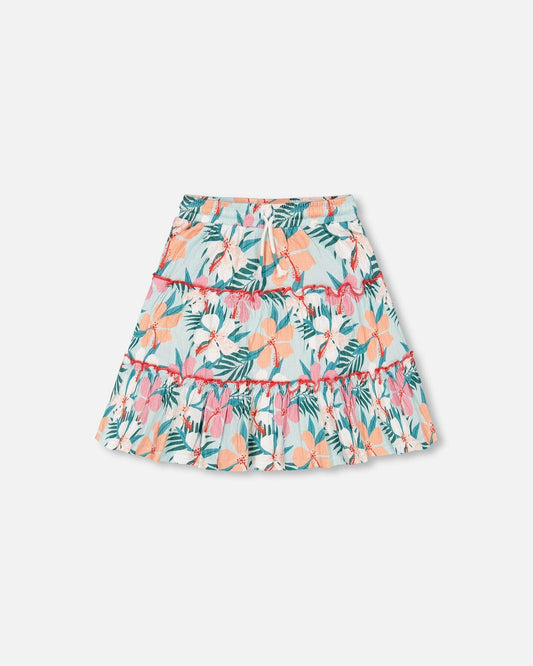 Long Crinkle Peasant Skirt Blue Printed Beach Hibiscus-0