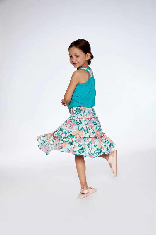Long Crinkle Peasant Skirt Blue Printed Beach Hibiscus-1