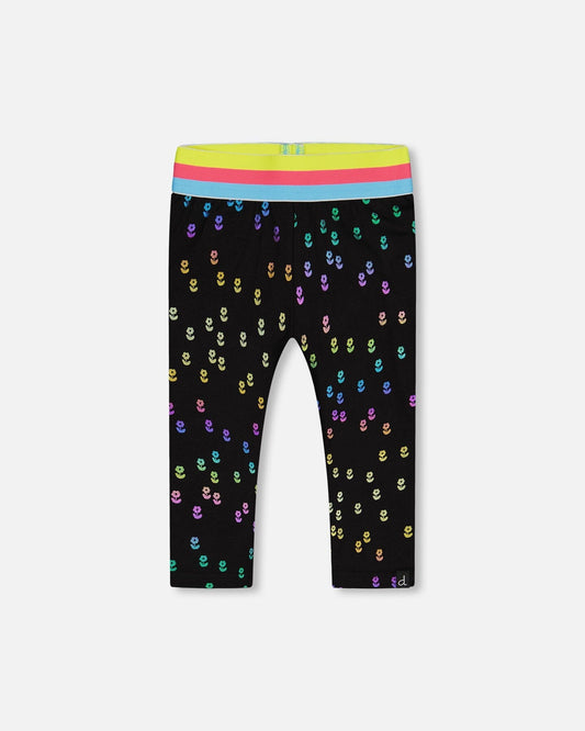 Capri Legging Black With Colored Metallic Flower Print-0