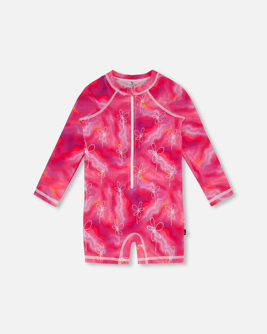 Long Sleeve One Piece Rashguard Fuchsia Tie Dye Printed Flowers-0