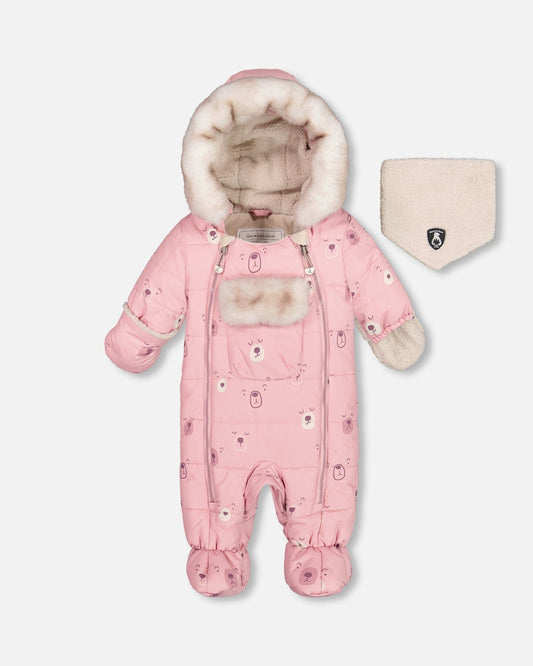 One Piece Baby Snowsuit Pink Bears Designed For Car Seat-0