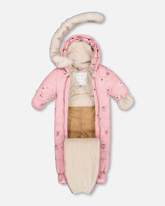 One Piece Baby Snowsuit Pink Bears Designed For Car Seat-1