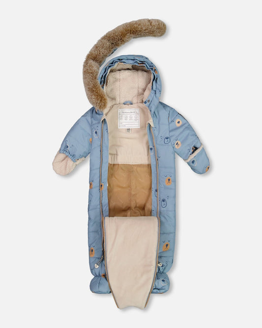 One Piece Baby Snowsuit Blue Bears Designed For Car Seat-1