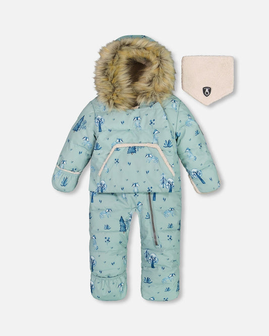 One Piece Baby Hooded Snowsuit Sage Printed Racoons Designed For Car Seat-0