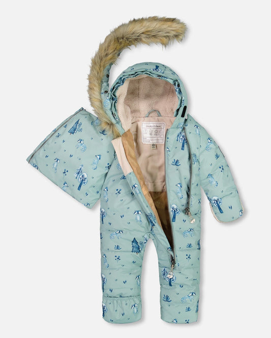 One Piece Baby Hooded Snowsuit Sage Printed Racoons Designed For Car Seat-1