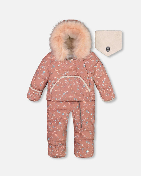 One Piece Baby Hooded Snowsuit Printed Vintage Flowers Designed For Car Seat-0