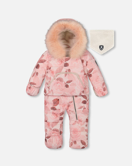 One Piece Baby Hooded Snowsuit Printed Roses Designed For Car Seat-0