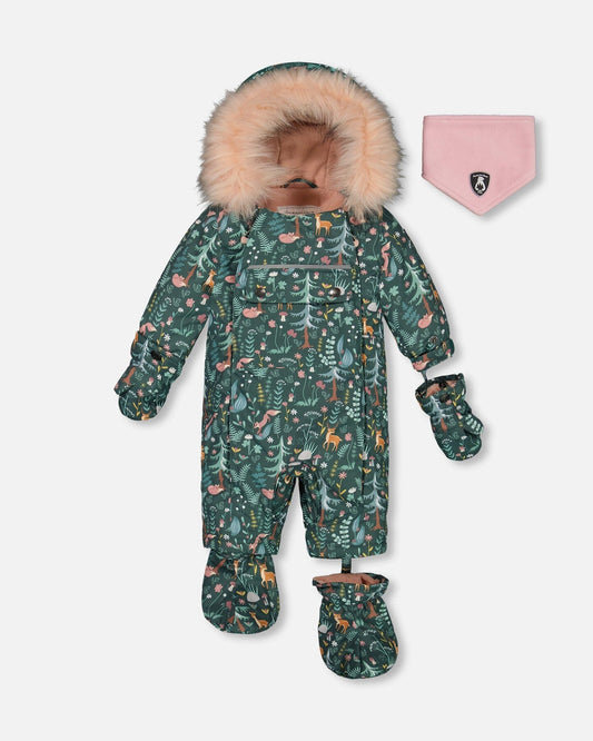 One Piece Baby Snowsuit Sage Printed Woodland Animals Designed For Car Seat-0