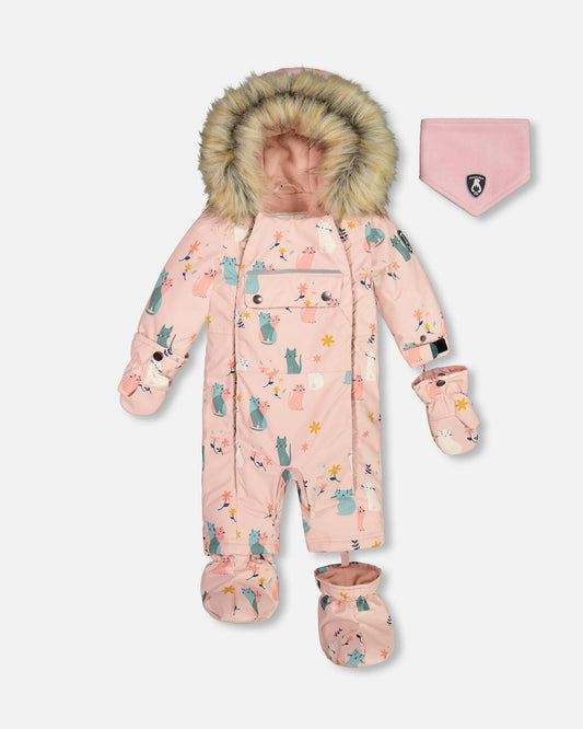 One Piece Baby Snowsuit Light Pink Printed Cats Designed For Car Seat-0