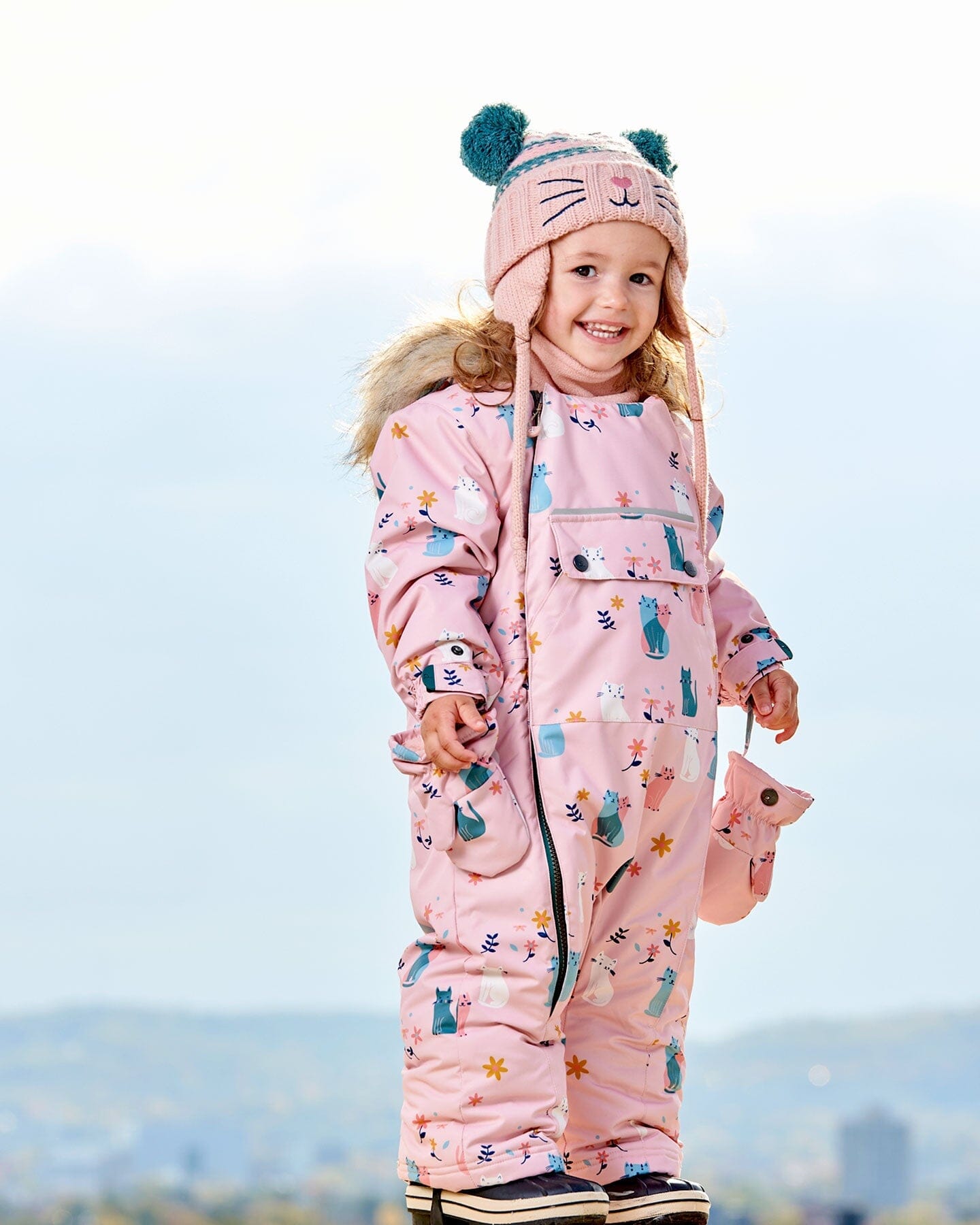 One Piece Baby Snowsuit Light Pink Printed Cats Designed For Car Seat-2