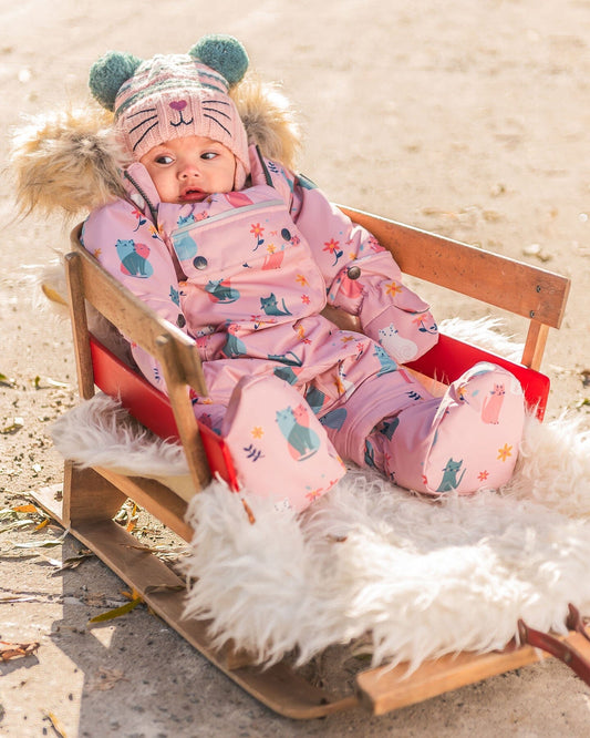 One Piece Baby Snowsuit Light Pink Printed Cats Designed For Car Seat-1