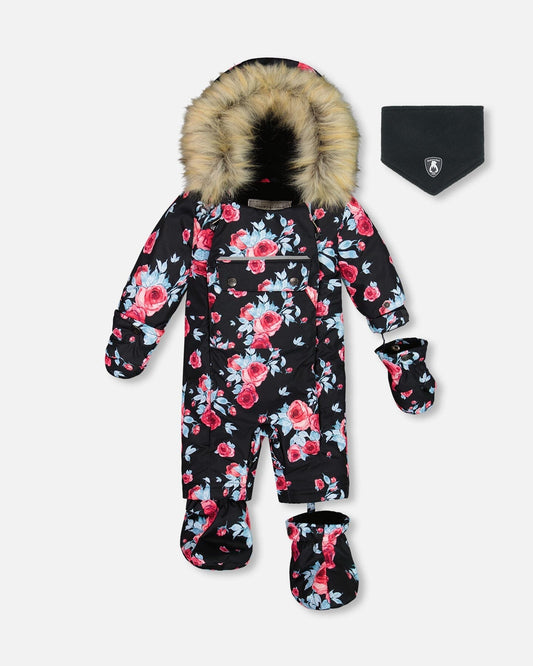 One Piece Baby Snowsuit Black Printed Roses Designed For Car Seat-0