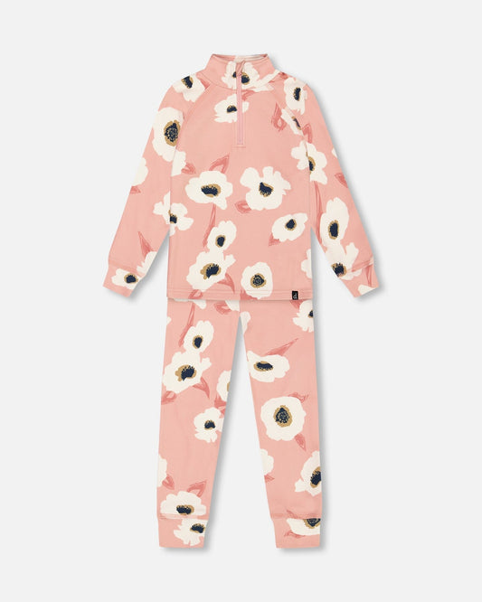 Two Piece Thermal Underwear Set Pink Printed Off White Flowers-0
