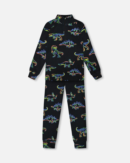 Two Piece Thermal Underwear Set Black Printed Neon Dino-0