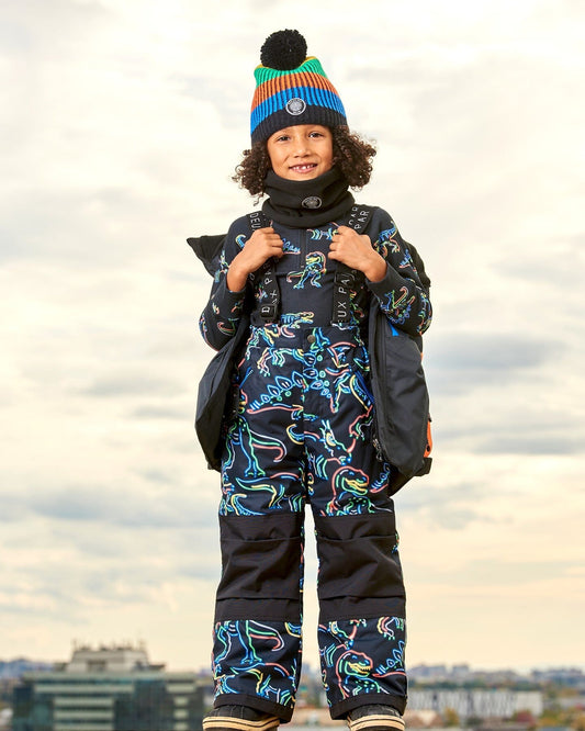 Two Piece Thermal Underwear Set Black Printed Neon Dino-1