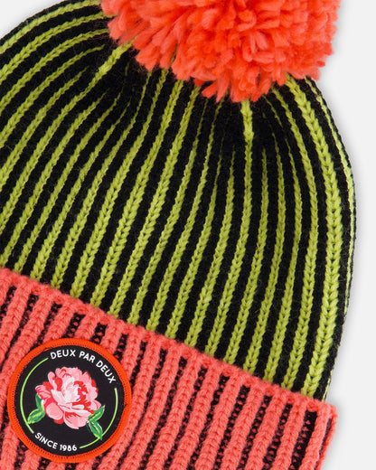 Knit Hat Black, Lime And Coral-3