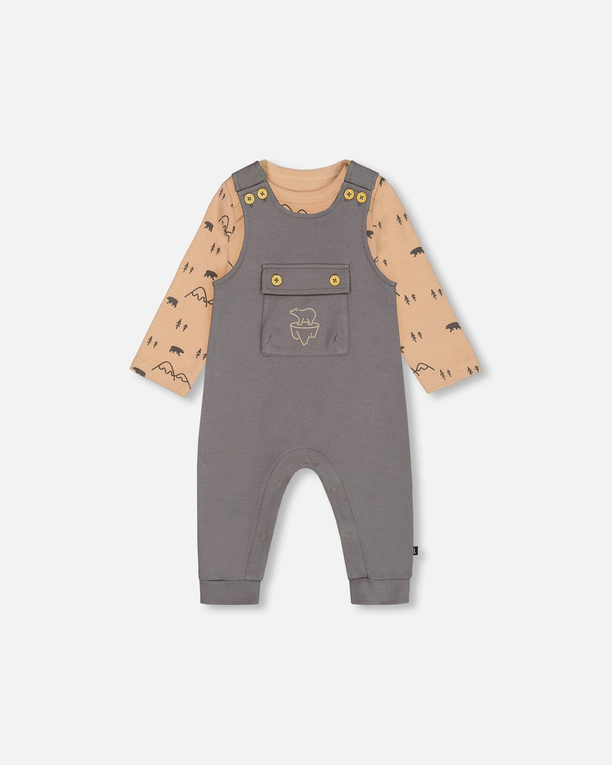 Organic Cotton Printed Onesie And Overall Set Dark Gray With Mountains-0